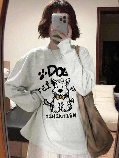 Grey Vintage Style Long Sleeve T-Shirt For Women, Loose Fit, Slim Flattering, Suitable For Spring And Autumn