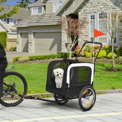 PawHut 2 In 1 Dog Bike Trailer, Pet Cargo, Pet House With Safety Leash, Hitch, Quick-Release Wheels, Flag, Reflectors, Cushion, Dog Wagon For Small Dogs, Grey
