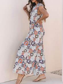 Acelitt 夏季天蓝色碎花图案无袖开衫，带纽扣口袋，超宽松阔腿连体裤 - 彩色 - 查看 3