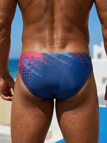 蓝红渐变泼墨印花男士速干透气三角泳裤，时尚休闲沙滩/泳池泳装 - 寶藍色 - 查看 2