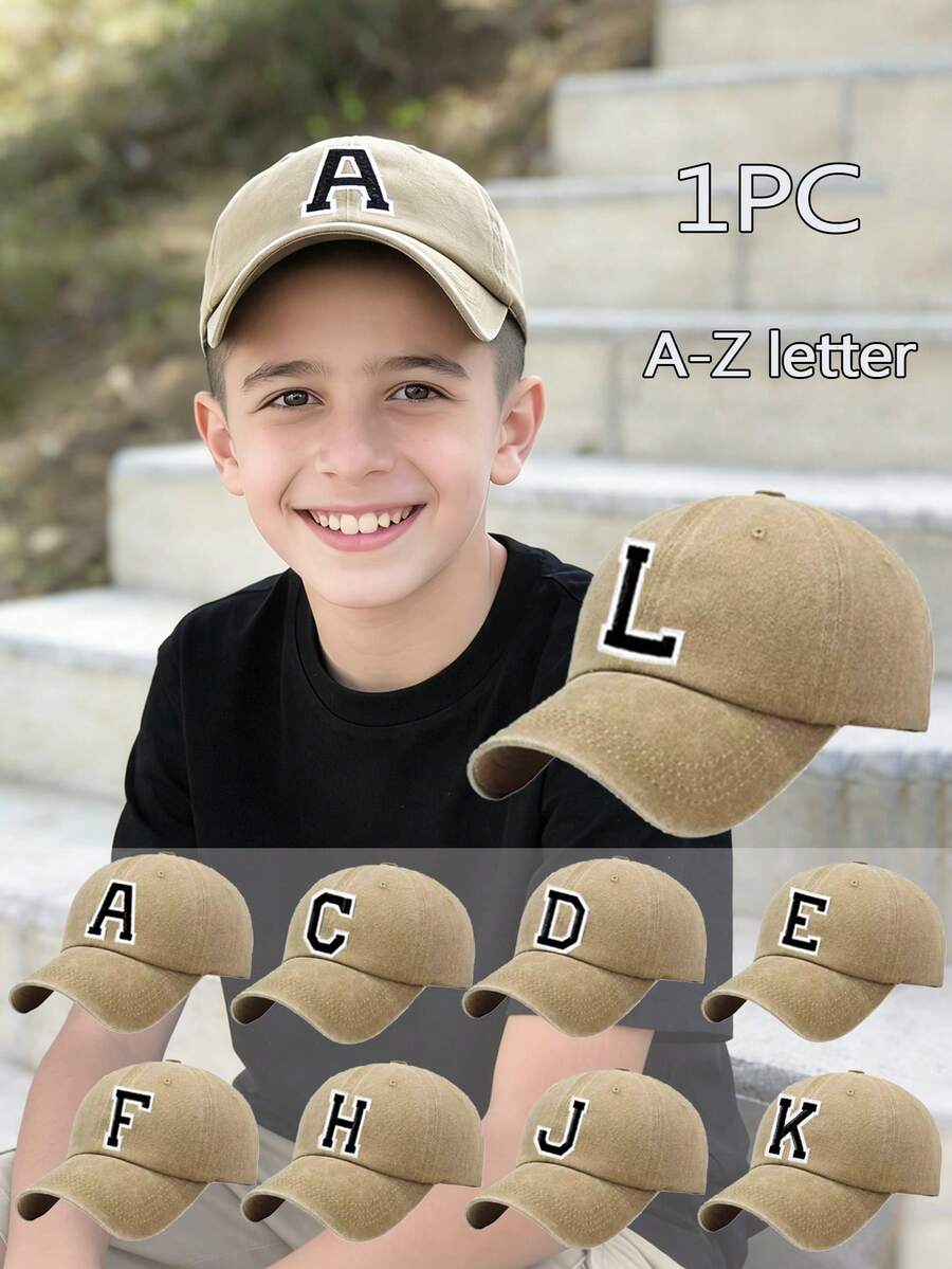 1顶26字母印花水洗棒球帽，适合儿童在假期、返校派对和日常佩戴，防紫外线离子 - 卡其色 - 查看 1