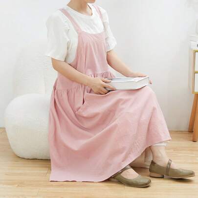 Vintage Cute Kitchen Apron Cross Back Apron For Women With Pockets For Cooking Painting Beige Without Waist Ties