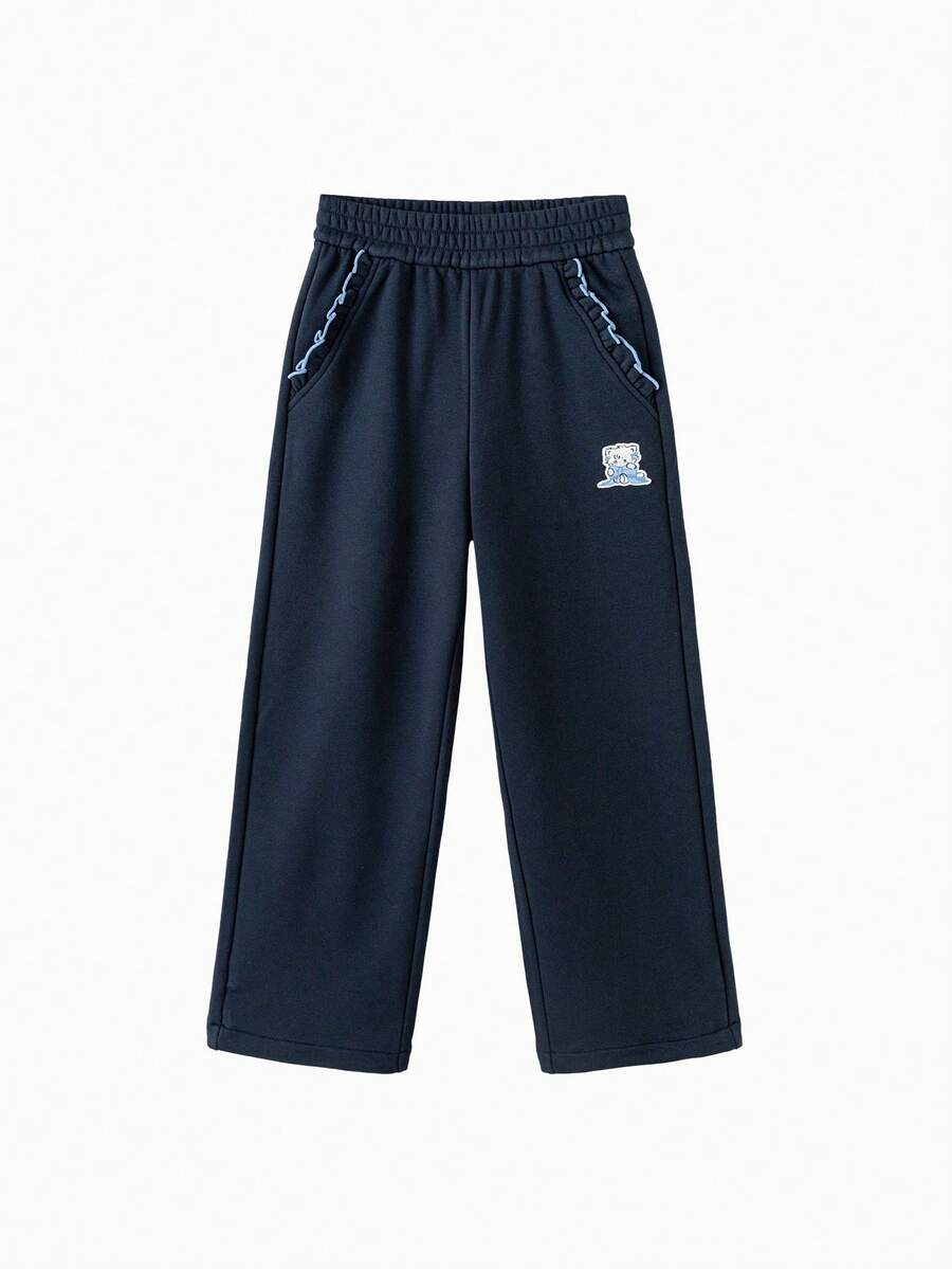 Balabala Mikko Girls Knitted Pants, Elastic Waist, Cute Cartoon Print, Soft Comfortable Fabric, Easy Movement Daily Bottoms - Dark Blue - View 1