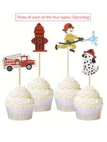Firefighter Cupcake Toppers, Red Glitter Fire Department Cake Decor, Firefighter Cupcake Wrappers Suitable For Firefighter Themed Baby Shower, Birthday Party Cake Decorations - Multicolor - View 13