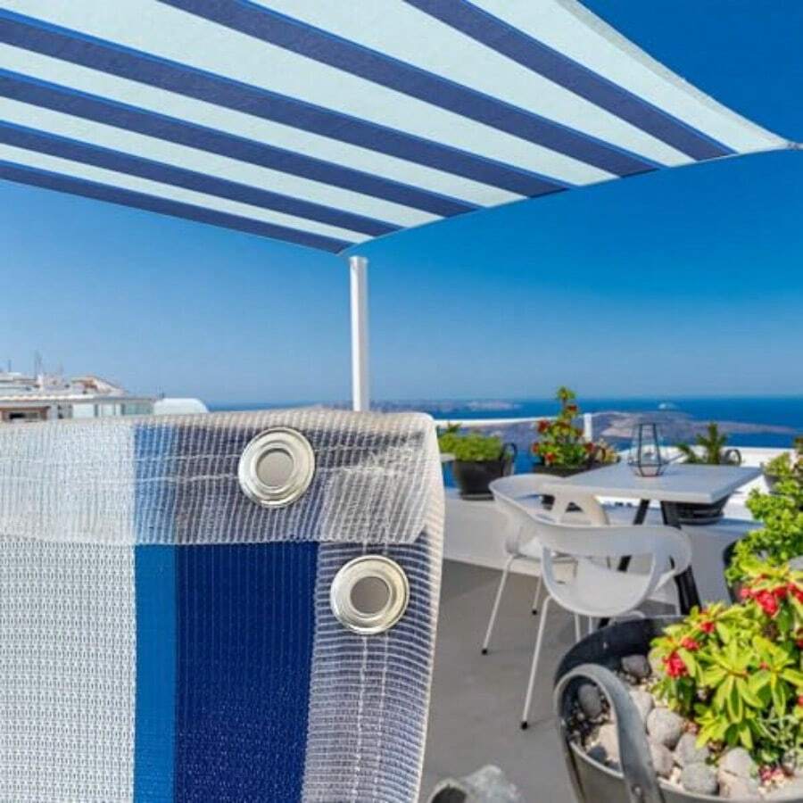 MPQ Mallas Sa Toldo Monofilamento 95-3.7x2m Azul con as - Cintas de Refuerzo y Ojillo - Protección UV Perfecto para Patios Jardín Coceras Exteres Vela-Reente al Sol y al Desgaste - Azulconrayas - Ver 1