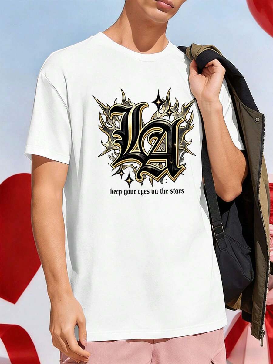 Camiseta de hombre con estampado gráfico de Los Ángeles, 100% algodón, informal, cómoda, duradera, estampado gráfico único. - Blanco - Ver 1