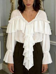 2026 Vacation Outfits Women Floaty Chiffon White Semi-Sheer Blouse Women's Long-Sleeve Ruffled Collar Shirt - White - View 5