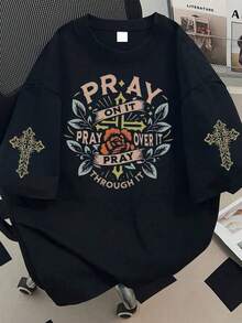 Plus Size Women's Casual Faith Prayer Print Round Neck T-Shirt, Suitable For Summer Vacation, Beach, Spring Holiday, Valentine's Day, Mother's Day Gift; Mom Gift; Graduation Short Sleeve Top; Back To School; Graduation Ceremony - Black - View 1