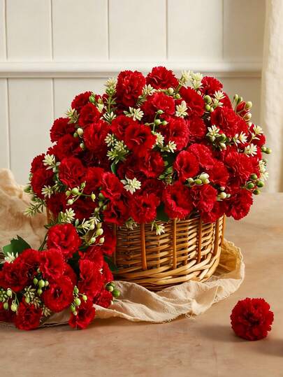 MEHELANY 1束红色仿真康乃馨，小束仿真花，丝质康乃馨带茎，适用于仿真植物房装饰、春夏装饰、仿真花园、秋季装饰、餐桌摆饰、母亲节、新娘捧花、情人节、礼物