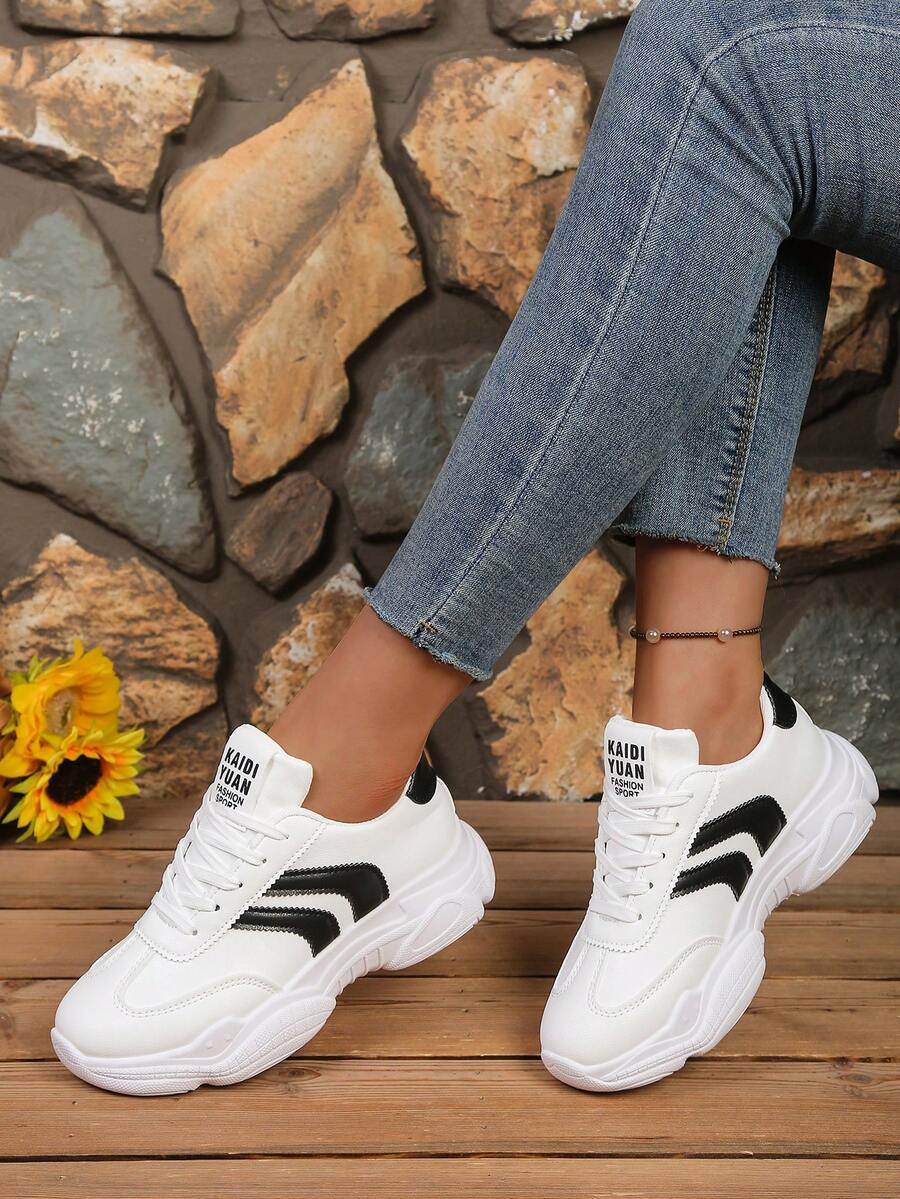 Women's White British Style Lace-Up Sneakers, Round Toe Low-Top Thick Sole Slip-On Shoes, Fashionable Breathable Non-Slip Chunky Sneakers For Students - White - View 1