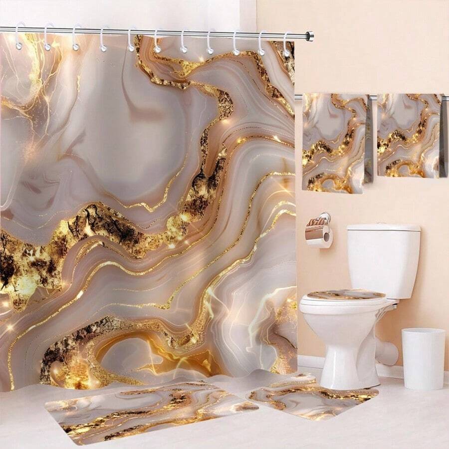 1/2/4/6 Piece Bathroom Shower Curtain Set (With 12 Hooks), Toilet Seat Cover, Rug, 2 Super Soft Bath Towels, Quick Dry Hand Towels, Towels, Kitchen Dish Cloths, Bathroom Accessories (Open)