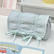 1 Piece Women's Cloud White With Ruched Ruffle Detail & Delicate Bow Accents Soft Puffy Nylon Pencil Pouch, Romantic & Feminine Style Multi-Functional Stationery Organizer With Spacious Zippered Compartment For Storing Pens, Highlighters, Cosmetics & Small Daily Essentials, Ideal For School, Office, Travel & On-The-Go Touch-Ups - 彩色 - 查看 9