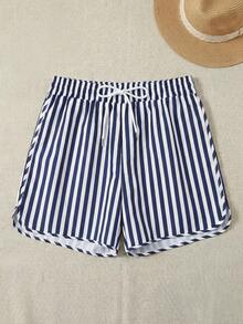 男士夏季条纹休闲沙滩短裤 - 藍色 - 查看 2