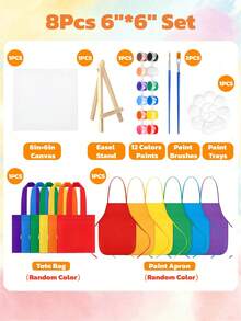 8Pcs 12 Colors Acrylic Paints With 5*7 In & 6*6In Flat Canvas Board And Easel Stand Set, Flat And Round Tip Small Paint Brushes, Palette Trays, Disposable Art Apron Smocks, Rainbow Tote Bags, Painting Drawing Supplies Versatile Painting Starter Kit For Art Classes Group Painting, Paint And Sip Parties, Date Night Couple Games