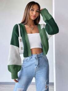Women's Solid Color Casual Cardigan, Open Front Patch Pocket Cardigan,Long Sleeve Tops Fall Winter Cloth For Women,Vibrant Block Color Cropped Cardigan | Relaxed Fit | Comfy Knit | Perfect For Layering,Chunky Knit Color Block Cardigan | Short Length | Loose Silhouette | Match Cami Tops/Jeans,Date Outfit - màu xanh lá - Xem 1