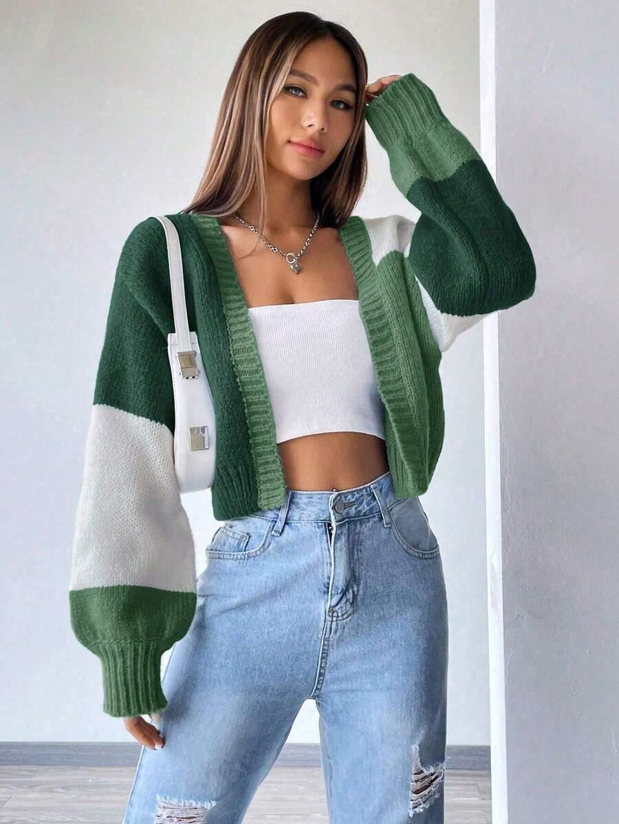 Women's Solid Color Casual Cardigan, Open Front Patch Pocket Cardigan,Long Sleeve Tops Fall Winter Cloth For Women,Vibrant Block Color Cropped Cardigan | Relaxed Fit | Comfy Knit | Perfect For Layering,Chunky Knit Color Block Cardigan | Short Length | Loose Silhouette | Match Cami Tops/Jeans,Date Outfit - màu xanh lá - Xem 1