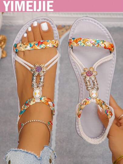 Women's New Fashion Flat Sandals, Beach Sandals, Beaded Fabric Bohemian Flat Sandals, Women's Beach Sandals, Spring/Summer