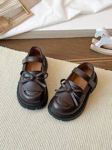 Girls' Flat Shoes With Bow Tie, British Style Leather Shoes - Brown - View 1