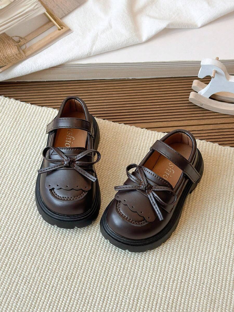 Girls' Flat Shoes With Bow Tie, British Style Leather Shoes - Brown - View 1