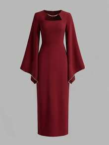 Vestido ajustado de longitud media color borgoña para mujer - Con mangas acampanadas decoradas con perlas + escote cuadrado, adecuado para ocasiones formales, citas, fiestas, vestido de estilo vintage elegante - Burdeos - Ver 2