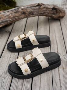 New Fashion Metal Buckle Decor Slip-On Wedge Thick Sole Slippers, Travel Essential, Comfortable Non-Slip, Versatile & Easy To Clean Beach Sandals - White - View 6