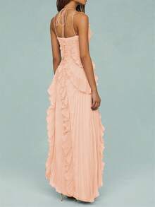 Women Ruffle Hem Pleated Sheer Mesh Long Maxi Dress Sleeveless Halter Neck Irregular Tiered Flowy Long Maxi Dresses For Wedding Guest Summer Holiday Beachwear - 珊瑚粉 - 查看 4
