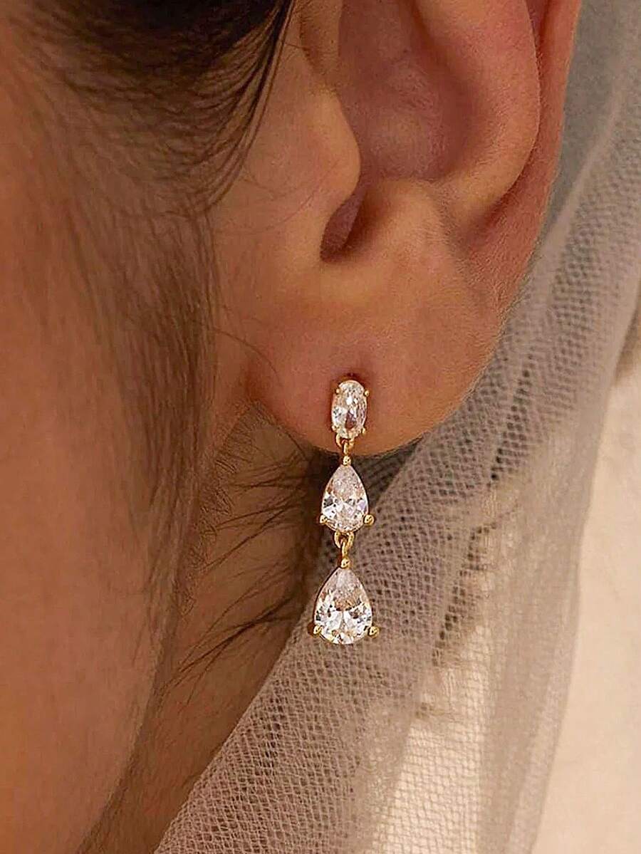 2pcs Teardrop Zirconia Earrings, Elegant Women's Luxury Gold Plated Jewelry, Wedding, Engagement, Anniversary Gift For Girlfriend, Wife - Earring - View 1