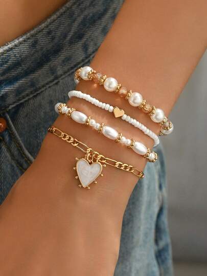 4pcs/Set Fashionable Handmade Beaded Bracelet Set With Pearl Design, Heart Pendant, Multi-Layer Bohemian Jewelry Suitable For Women's Daily Wear