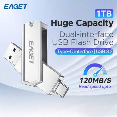 EAGET 128GB/256GB 双接口 USB 3.2 闪存盘，Type-C 和 USB-A 高速便携式存储棒，读取速度高达 120MB/s，锌合金金属灰色，兼容智能手机、电脑、iPad、平板电脑，可即时扩展存储空间