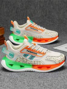 男士休闲运动鞋，低帮系带圆头多色渐变时尚百搭舒适运动鞋，随机多色拼接设计，厚底防滑透气网布轻便镂空外底，休闲校园风跑步鞋 - 米桔 - 查看 2