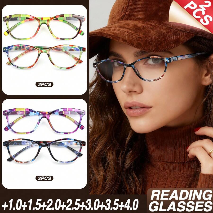 2 chiếc kính đọc sách nữ thanh lịch, họa tiết hoa cổ điển, kiểu dáng gọng kính đầy đủ, kính đọc sách có bản lề lò xo, bộ kính đọc sách nhiều màu sắc, thời trang đa năng cho việc đọc sách hàng ngày. - Hoa màu xanh lá cây + họa tiết hoa màu xanh lá cây - Xem 1