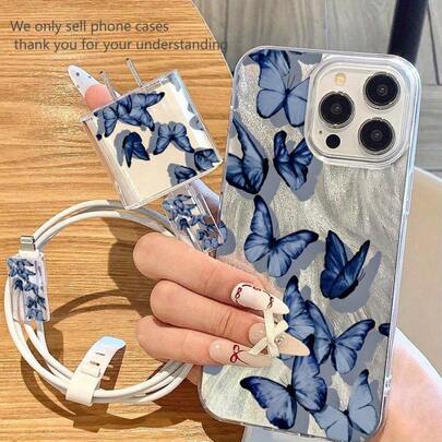 Transparente IMD Handyhülle mit blauem Schmetterling & Federn Muster, frischer und träumerischer Stil, kompatibel mit iPhone 7/8/X/Xs/XR/XSmax/11/12/13/14/15/16 Pro Max/17 Pro und Galaxy A56 5G, Infinix Smart 8, Infinix Hot 40i, Spark 20, Spark 20C, Spark Go 2024, Redmi Note 14 5G, Moto E22/E22i, OPPO A54, S25, S24, S20, S21, S23, stoßfeste Acrylschutzabdeckung