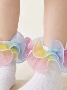 1 Pair Cotton Children's Lace Trim Short Socks, Fluffy Lace Mesh Girls' Lace Trim Socks, Cute Princess Dance Socks - White - View 6