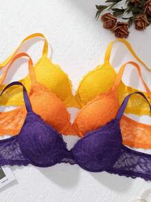3pcs/Set Multicolor Lace Eyelash Sexy Push-Up Underwire Bra - Multicolor - View 5
