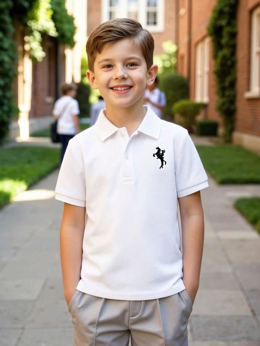 Young Boy Cotton Classic Fashion Knight Embroidery Solid Color Short Sleeve Polo Shirt, Suitable For Daily, School, Gathering And Group Activities - White - View 1