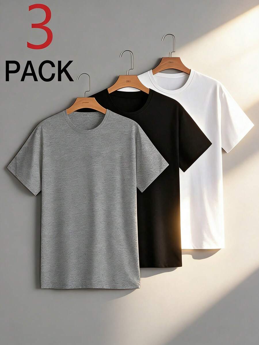 3pcs/Set Boys Teen Casual Print Round Neck Short Sleeve T-Shirts, Summer Student Fashion Tops - Multi Colors, Wear Our Comfortable And Stylish Children's T-Shirts To Explore The World! - Grey - View 1