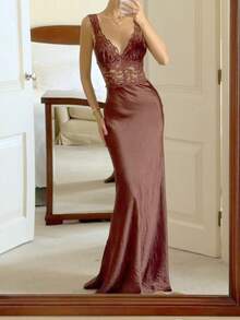 Robe d'été sexy pour femmes en dentelle marron dos nu, robe de soirée longue à ourlet de sirène pour concert, robe de soirée élégante en tricot transparent - Tabac - Voir 11