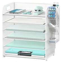 6 Tier Paper Organizer With 4 Pen Holders Mesh Letter Tray With Handle Paper Tray Organizer For A4 Files White - 6 Tier White - View 2