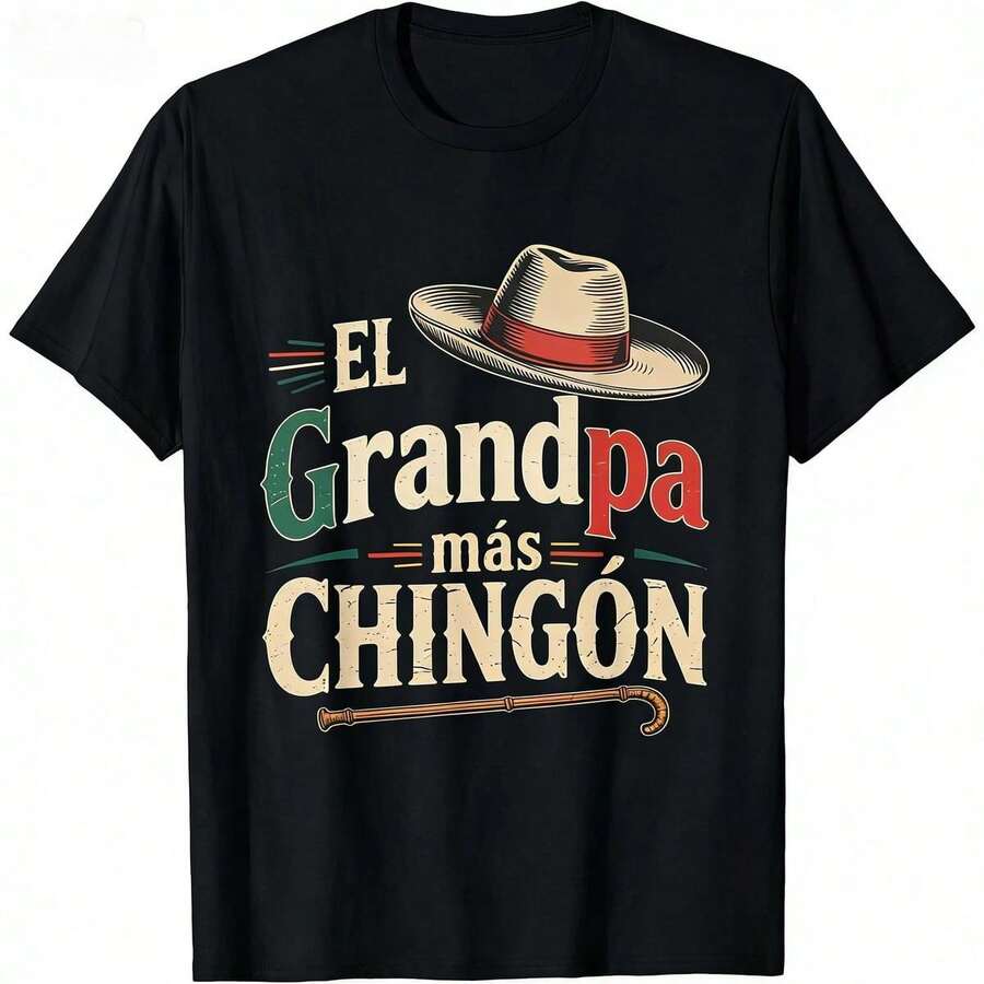[100% Cotton]El Grandpa Mas Chingon Funny Best Mexican Dad T-Shirt Graphic Tees Casual Crewneck Shortsleeve Classic - 黑色 - 查看 1