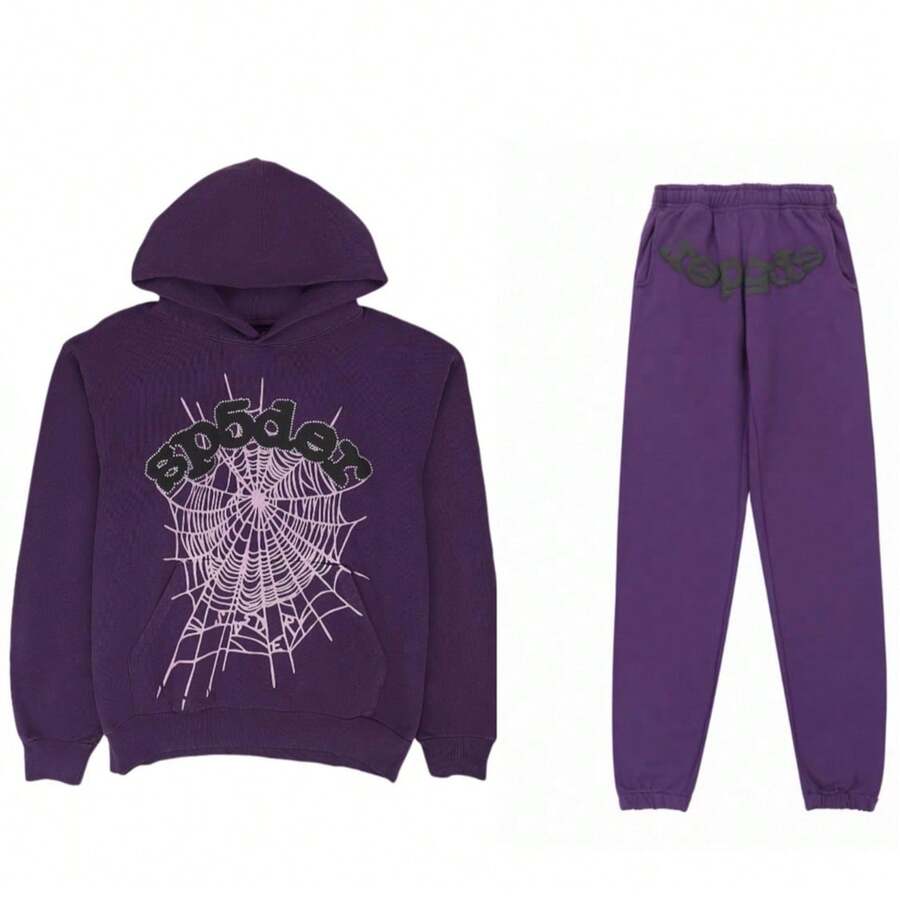 SP5DER Spider Worldwide Tracksuit Hoodie Set Cobweb Spider Style, Letter Print, Hip Hop Hoodie Set,Long Sleeve Fashion Sweatshirt, Hoodie Pant Casual Tracksuit Long Sleeve Athletic Suit, Couple MatchingDesign, Designed For Both Men And Women.Sportswear Set - Purple/set - 查看 1