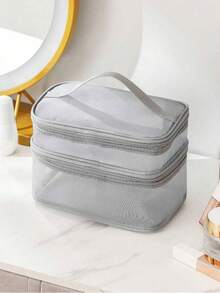 1pc Double-Layer Mesh Cosmetic Bag, Transparent Portable Organizer, Makeup Brush Holder, Popular Toiletry Bag, Cosmetics Storage Pouch, Large Capacity Multi-Compartment Design, Hand Bag, Beach Bag, Mesh Tote, Makeup Bag Makeup Travel Toiletry Organizer Clear Essentials Gifts Storage Zipper Accessories Nail Bags, Makeup Bag, Storage, Makeup Organizer,Pouch,Makeup Pouch,Travel Essential - Black - View 18