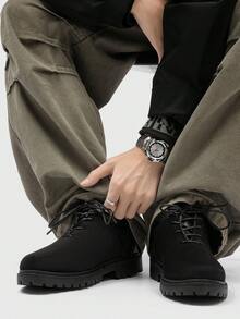 春夏新款厚底休闲正装鞋，男士商务低帮系带皮鞋，适合派对、婚礼等场合，简约皮鞋，通勤、约会、工作皆宜。 - 黑色 - 查看 6