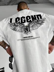 Men's Streetwear T-Shirt With Graphic Print - "Never Give Up" Featuring Wing And Skull Design, Loose Fit, Casual Short Sleeve, Light Beige Summer Top, Machine Washable, Motivational Clothing | T-Shirt With Back Print | Durable Casual Apparel - 白色 - 查看 4
