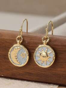 Pendientes artesanales vintage de sol y luna de cobre, pendientes con colgante de estilo bohemio para mujeres - Dorado - Ver 2
