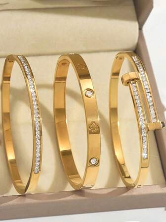 3 Sets wasserdichter Luxus Mehrfarbiger Kubikzirkonia Armreif, Edelstahl offener Manschetten Armband, 18K Vergoldeter Modeschmuck, Damenschmuck, Goldfarbener Schmuck, Damen Armband Accessoires, Damen Edelstahl Schmuck Armband