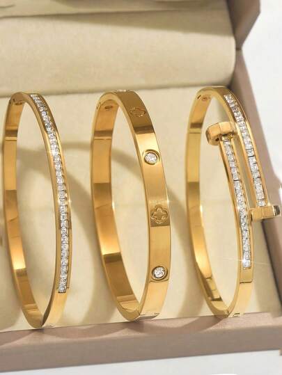 3 Sets Waterproof Luxury Multicolor Cubic Zirconia Bangle, Stainless Steel Open Cuff Bracelet, 18K Gold Plated Fashion Jewelry, Women Jewelry, Gold Jewelry, Women Bracelet Accessories, Women Stainless Steel Jewelry Bracelet