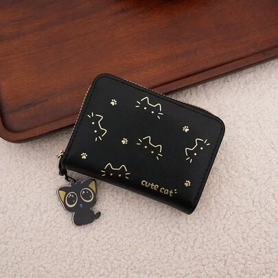 Cute Kitten Pendant Short Women's Wallet, PU Leather Folding Accordion Card Holder, European And American Style