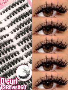 216pcs X60 D Curl False Eyelash Clusters, Mink Hair Imitation Fluffy Eyelash Clusters, Dense And Thin Eyelash Extensions, 216 Single Eyelashes Suitable For DIY Eyelash Extensions At Home, D Curl Cluster Eyelash  (60D; 4-16mm) Suitable For Daily Use - D - 查看 1