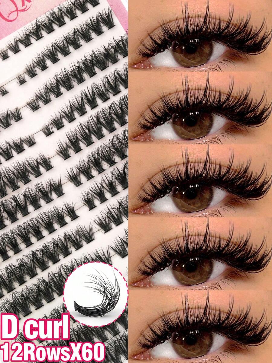 216pcs X60 D Curl False Eyelash Clusters, Mink Hair Imitation Fluffy Eyelash Clusters, Dense And Thin Eyelash Extensions, 216 Single Eyelashes Suitable For DIY Eyelash Extensions At Home, D Curl Cluster Eyelash (60D; 4-16mm) Suitable For Daily Use - D - 查看 1