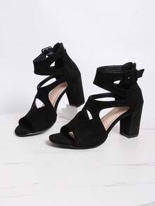 2026新款厚底防水坡跟凉鞋，配皮质搭扣和后拉链 - 黑色 - 查看 8